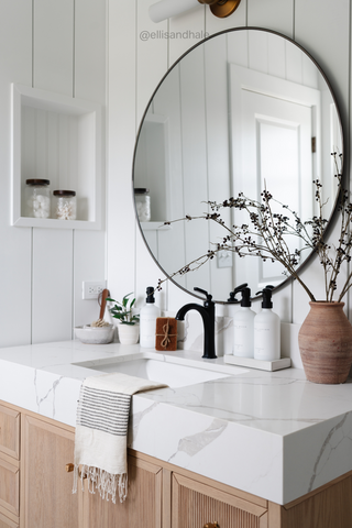 Marble Bathroom Countertop with The Polished Jar Bottle Dispensers