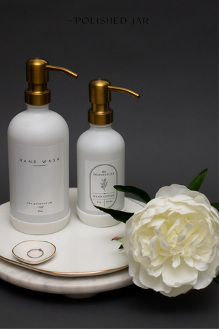 The Polished Jar White Bottle Dispensers on Bottle Tray