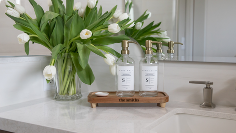 Bathroom counter with bottle soap dispensers