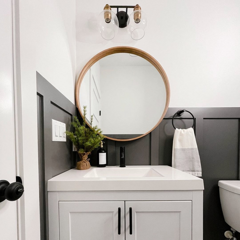 Small Bathroom Vanity, Mirror and The Polished Jar Soap Bottle Dispensers