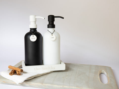 The Polished Jar Black and White Bottle Dispensers on White Tray