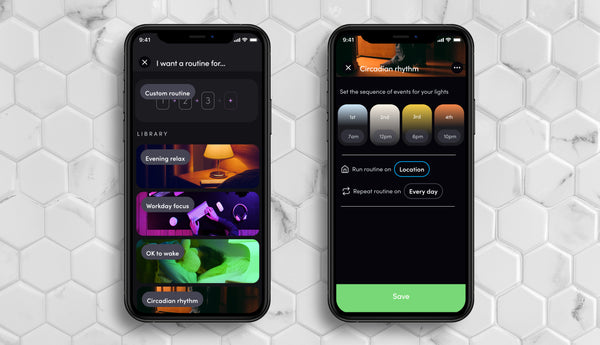 Two phones showing LIFX app with Routines Library preset modes and a circadian rhythm routine template