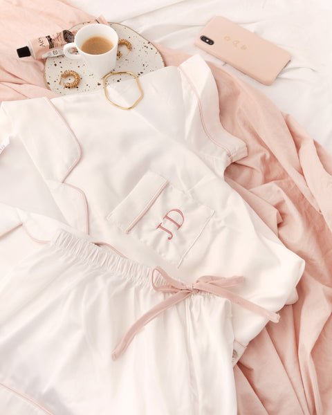silky personalised pink and white pyjamas