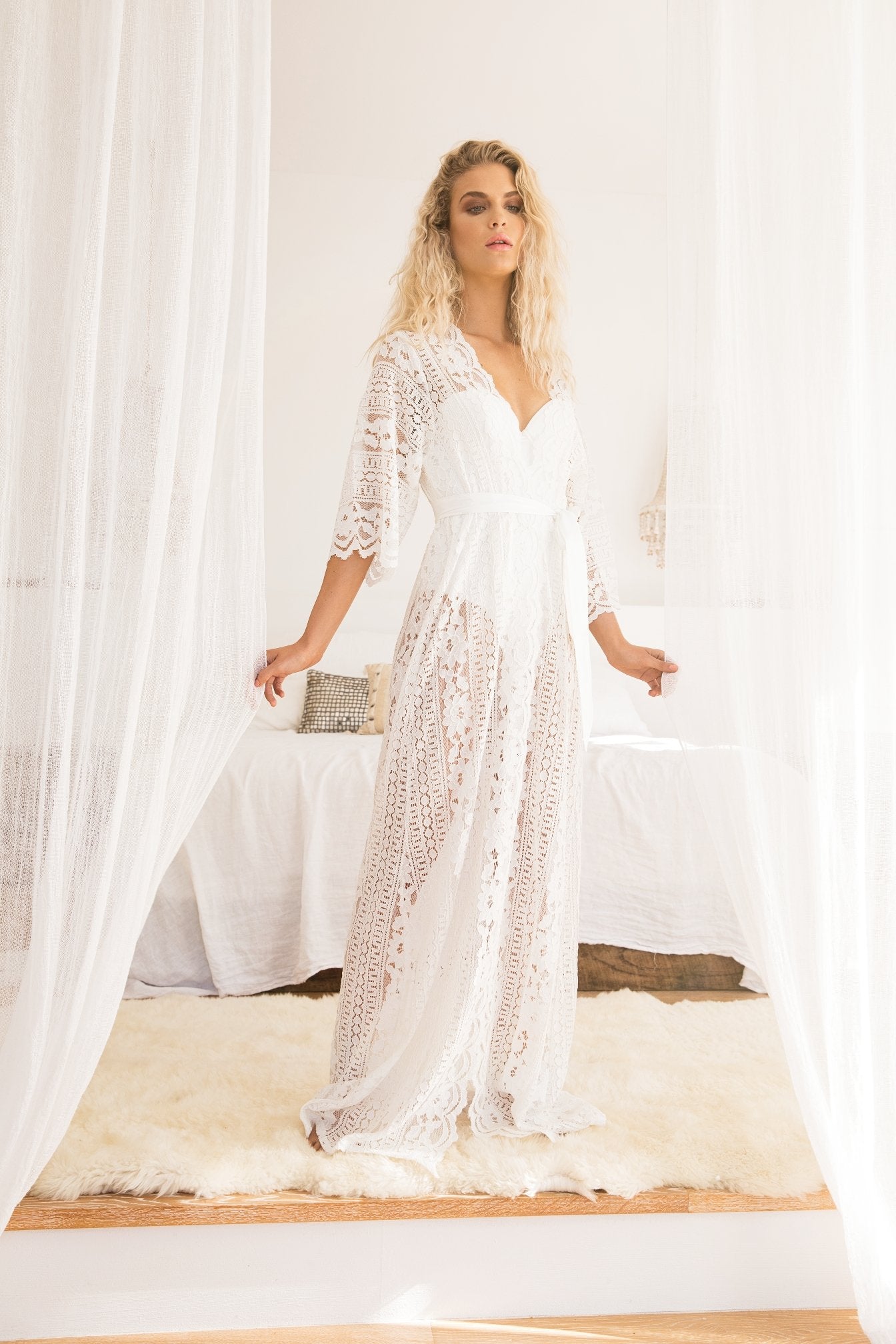 lace dressing gown white