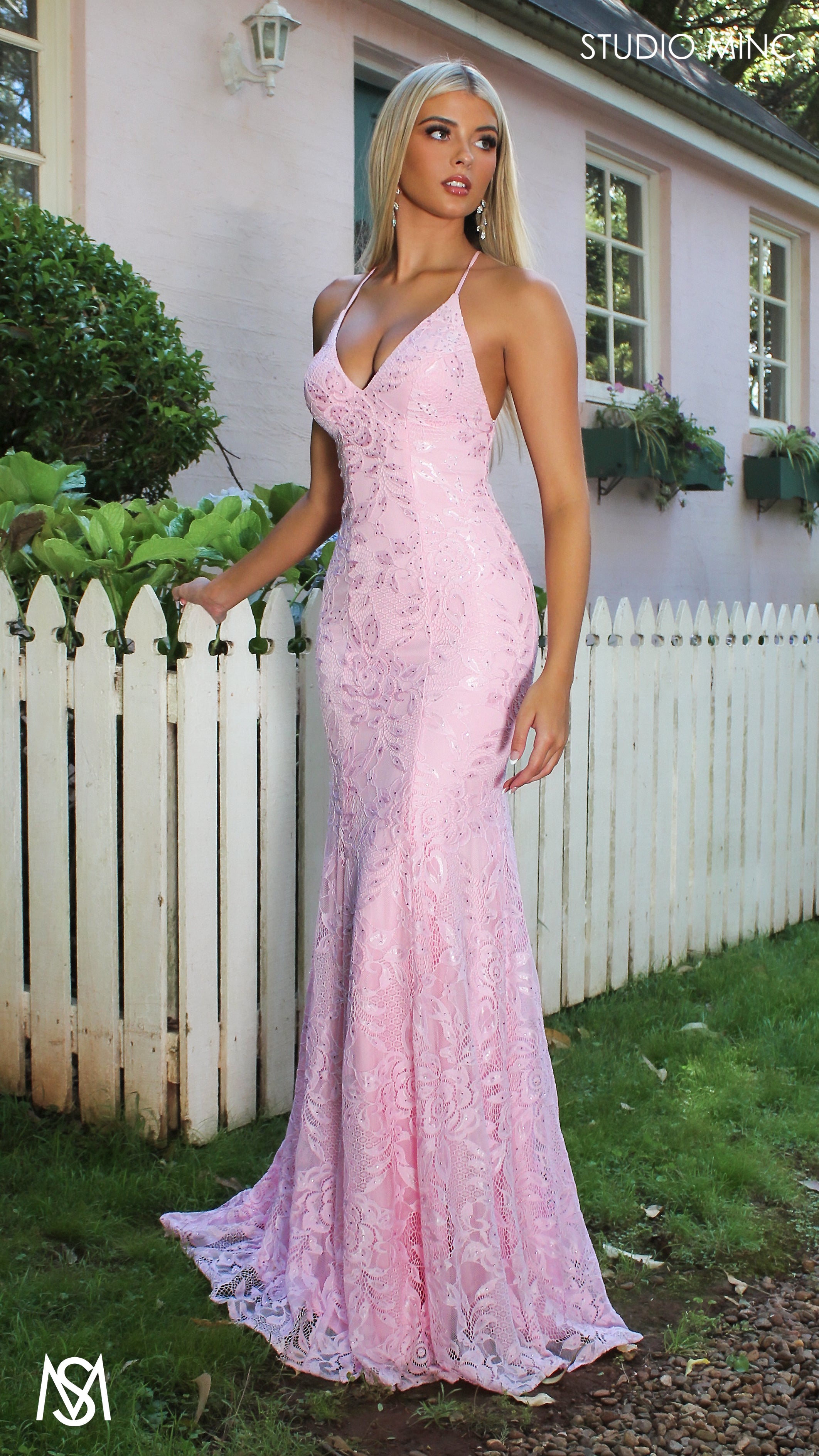Collective Dress - Jasmine - Light Pink formal dress | lace V neckline fitted mermaid lace up image 5