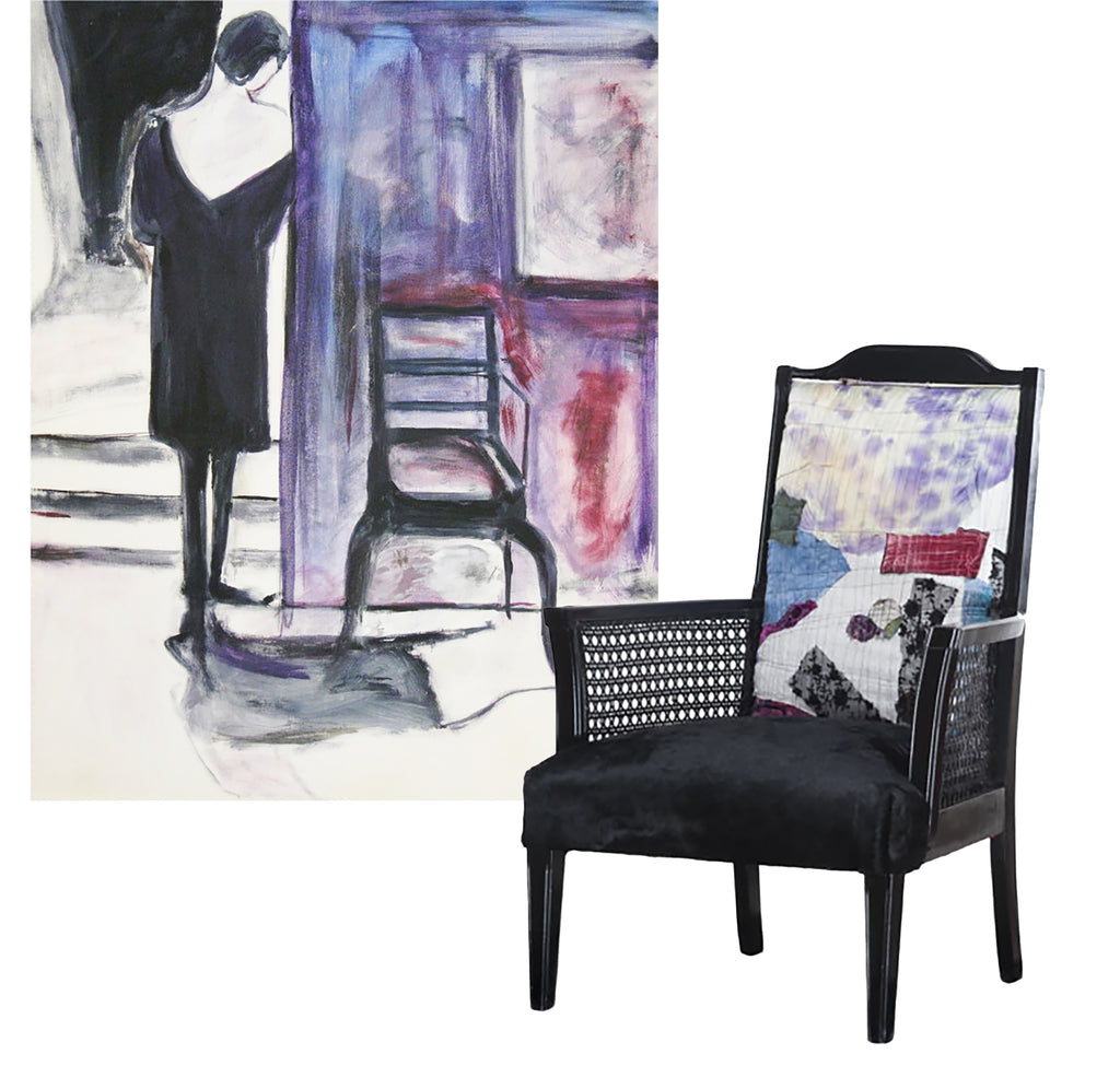 painting by Rodrigo Palacios with a chair upholstered in hand painted fabrics
