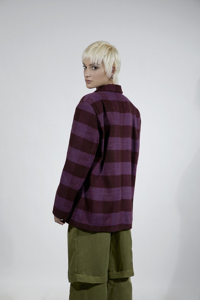 KETEVANNA Ethically made sustainable recycled purple check wool blazer jacket