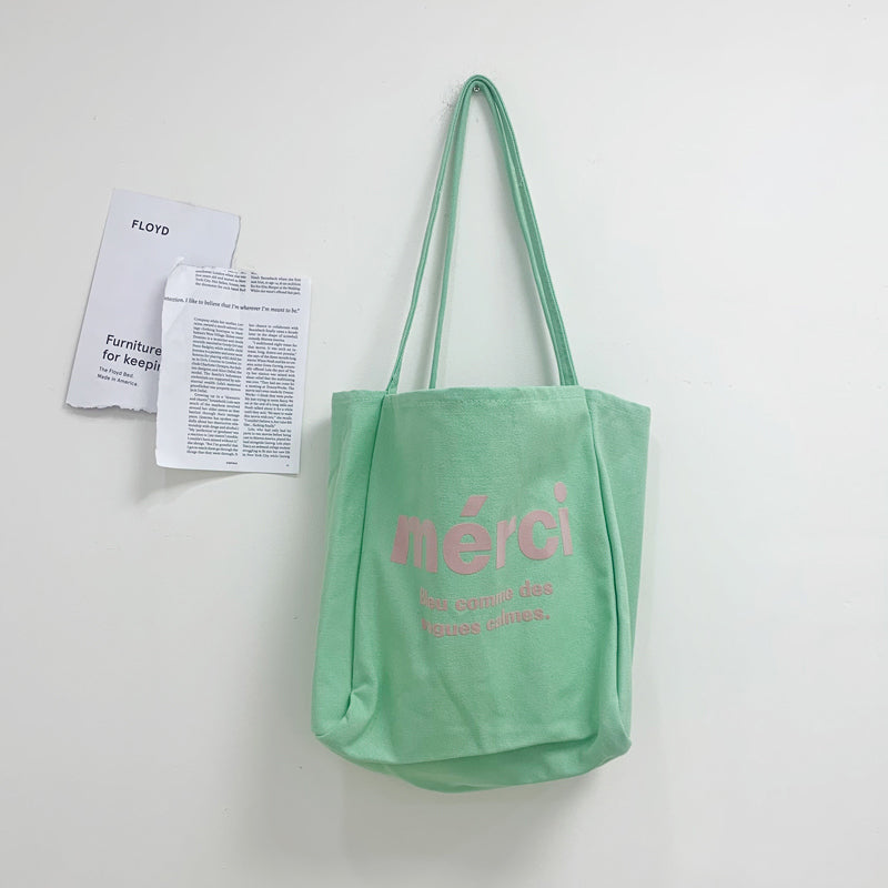 Merci cotton tote bag - Green & Purple