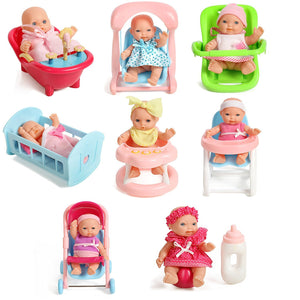 Set Of 8 Assorted 5 Mini Dolls High Chair Stroller Crib Car