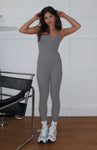 Short Scoop Neck Polyester Ribbed Jumpsuit