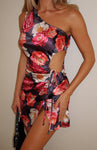 One Shoulder Short Polyester Ruched Cutout Drawstring Spring Dress