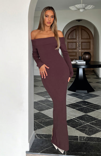 Ribbed Long Sleeves Off the Shoulder Cotton Maxi Dress