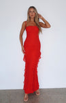 Polyester Ruched Mesh Semi Sheer Plunging Neck Maxi Dress With Ruffles