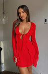 Fall Long Sleeves Short Hidden Side Zipper Plunging Neck Dress With Ruffles