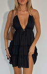 Short Backless Tiered Halter Plunging Neck Cotton Dress