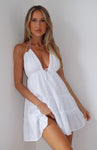 Short Halter Plunging Neck Backless Tiered Cotton Dress