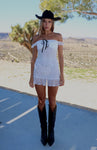 Semi Sheer Sheer Short Off the Shoulder Dress With a Bow(s) and a Ribbon