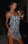 Polyester Animal Zebra Print Halter Plunging Neck Sheer Backless Short Dress