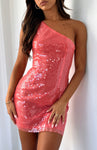 Short One Shoulder Hidden Side Zipper Sequined Mesh Dress