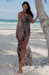 Sheer Polyester Halter Plunging Neck Animal Cheetah Print Maxi Dress