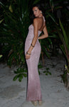 Halter Polyester Sequined Gathered Semi Sheer Maxi Dress