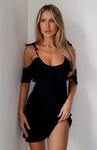 Short Off the Shoulder Frill Trim Summer Semi Sheer Hidden Side Zipper Dress