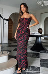 Hidden Back Zipper Lace Trim Polyester Maxi Dress With a Ribbon