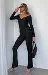 Plunging Neck Long Sleeves Off the Shoulder Hidden Side Zipper Ruched Bodycon Dress/Jumpsuit