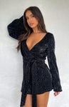 Plunging Neck Bell Long Sleeves Short Belted Backless Sequined Polyester Dress