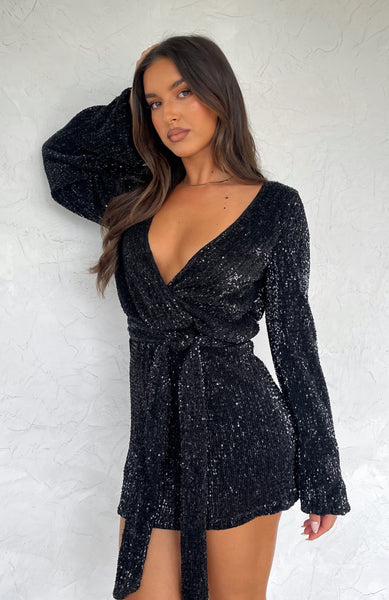 Plunging Neck Bell Long Sleeves Polyester Short Belted Sequined Backless Dress