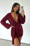 Short Polyester Bell Long Sleeves Belted Sequined Backless Plunging Neck Dress