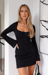 Long Sleeves Plunging Neck Short Backless Ribbed Mesh Dress