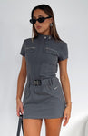 Front Zipper Pocketed Belted Snap Closure Short Cotton Summer Tie Waist Waistline Dress