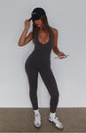 Plunging Neck Fitted Backless Back Zipper Button Closure Jumpsuit