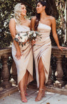 One Shoulder High-Low-Hem Hidden Side Zipper Wrap Gathered Bridesmaid Dress