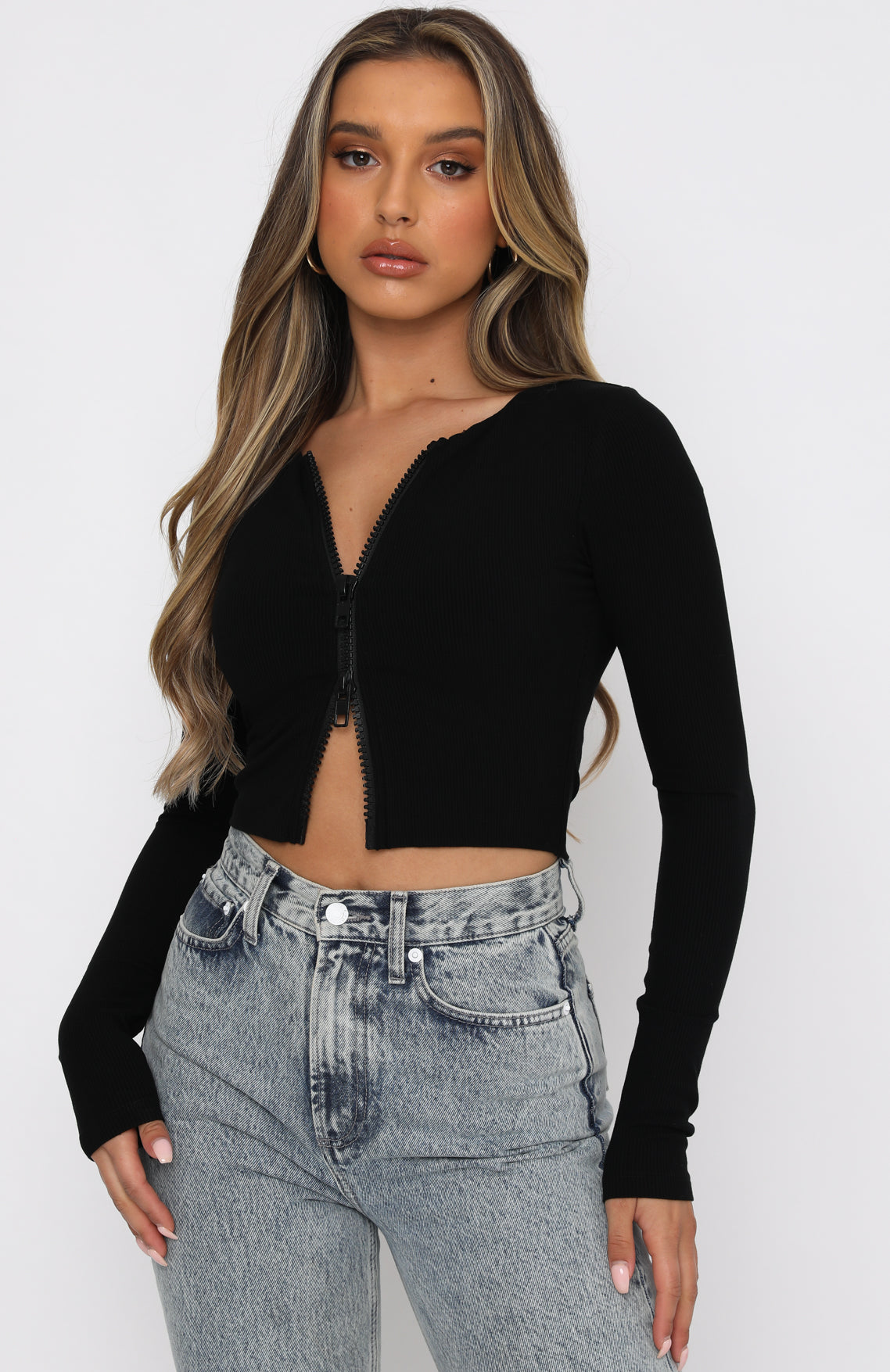 Made It Big Long Sleeve Zip Front Ribbed Crop Black | White Fox Boutique