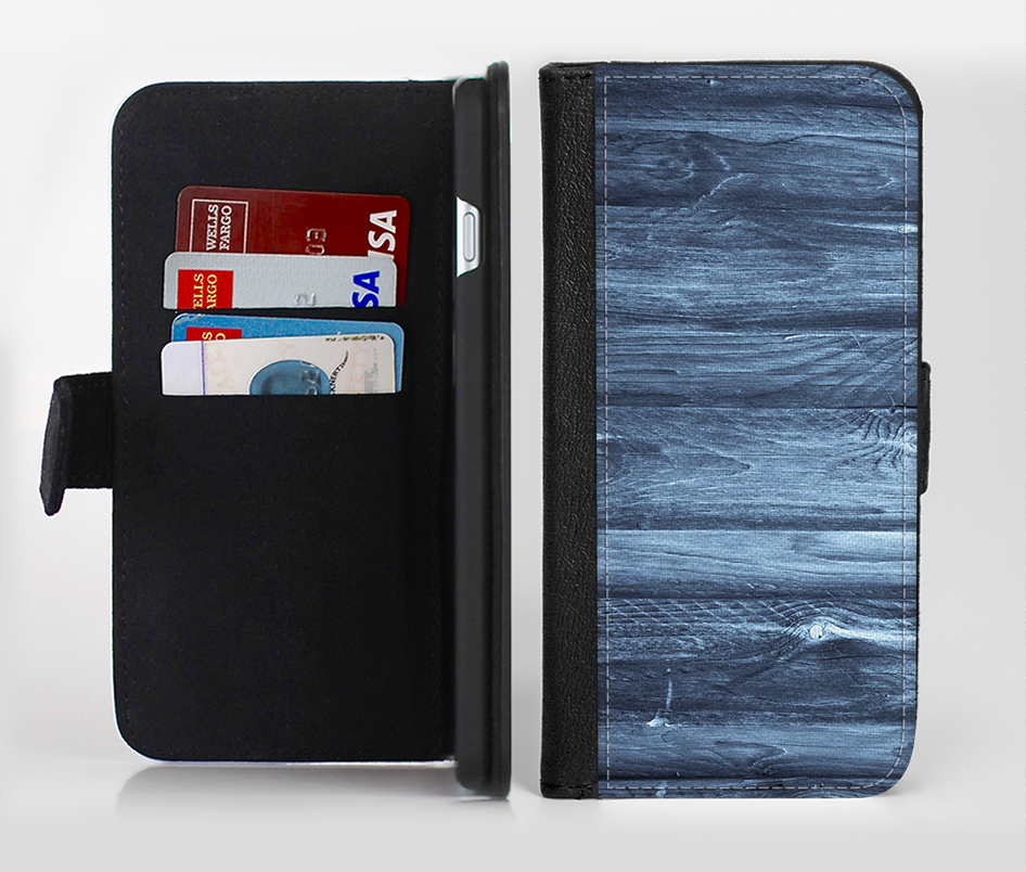 The Blue Washed WoodGrain Ink-Fuzed Leather Folding Wallet Credit-Card Case for the Apple iPhone 6/6