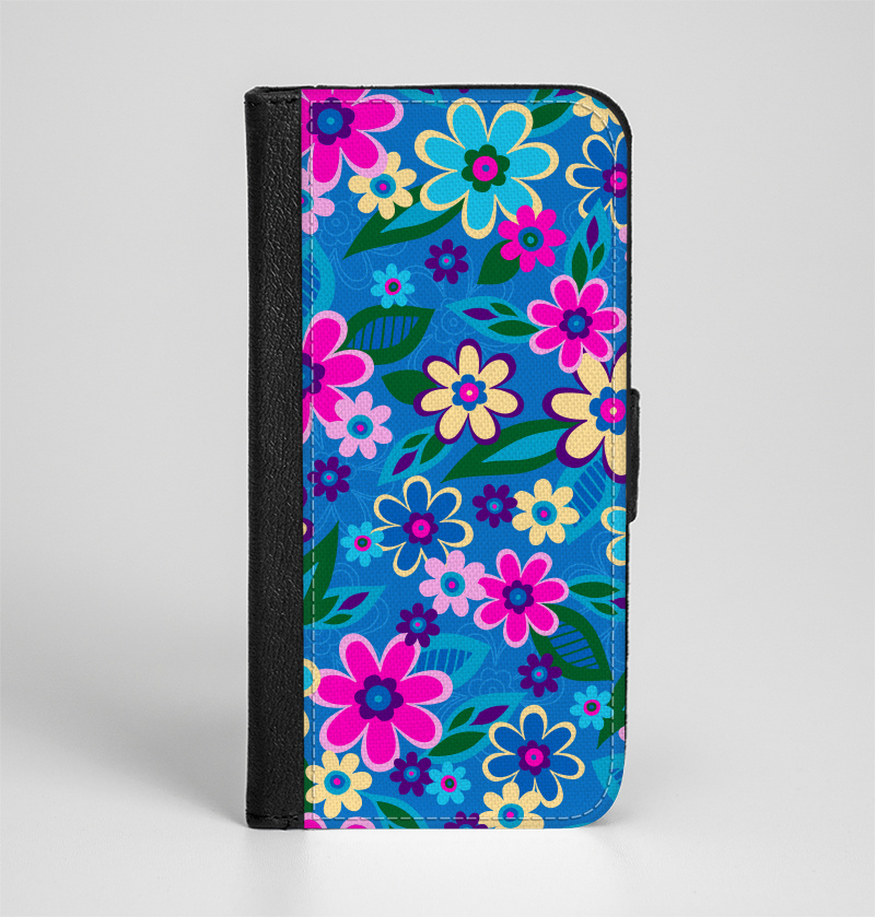 The Bright Pink & Blue Vector Floral Ink-Fuzed Leather Foldi