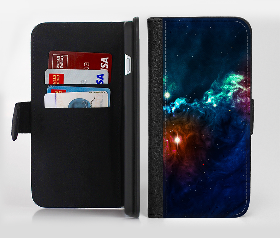 The Glowing Colorful Space Scene Ink-Fuzed Leather Folding Wallet Credit-Card Case for the Apple iPh