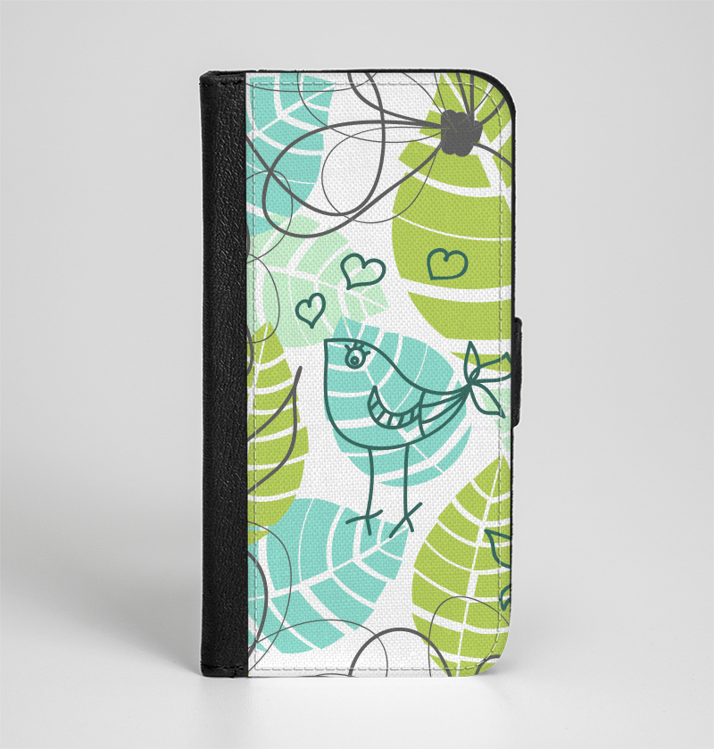 The Green & Blue Subtle Seamless Leaves Ink-Fuzed Leather Folding Wallet Case for the iPhone 6/6