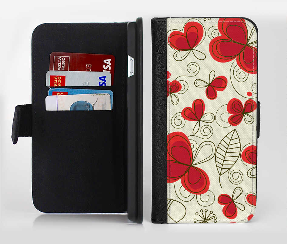 The Light Tan With Red Accented Flower Petals Ink-Fuzed Leather Folding Wallet Credit-Card Case for 