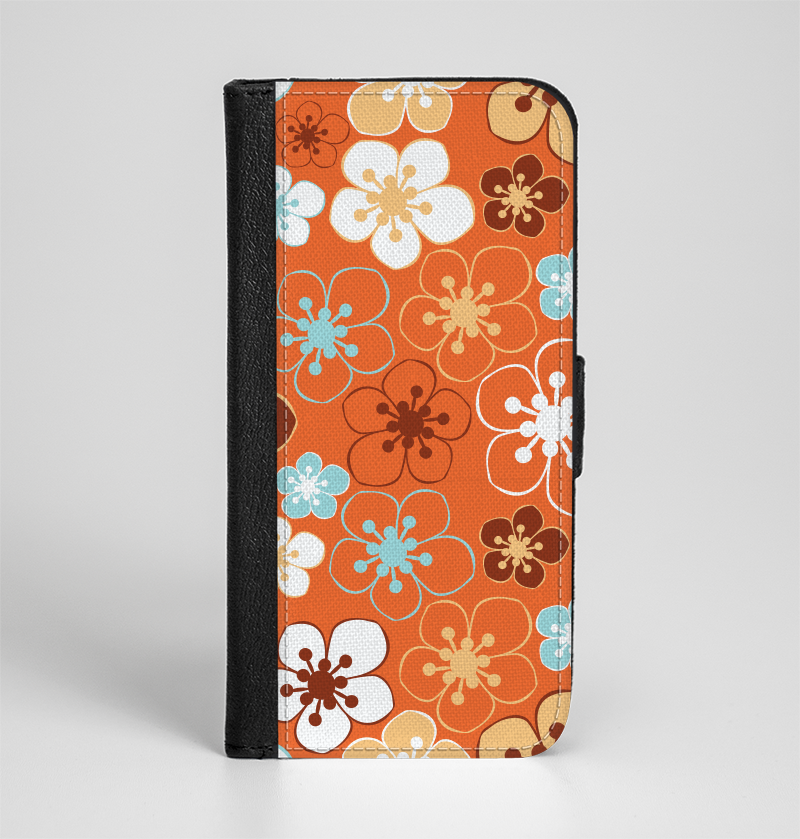 The Orange Vector Floral with Blue Ink-Fuzed Leather Folding Wal