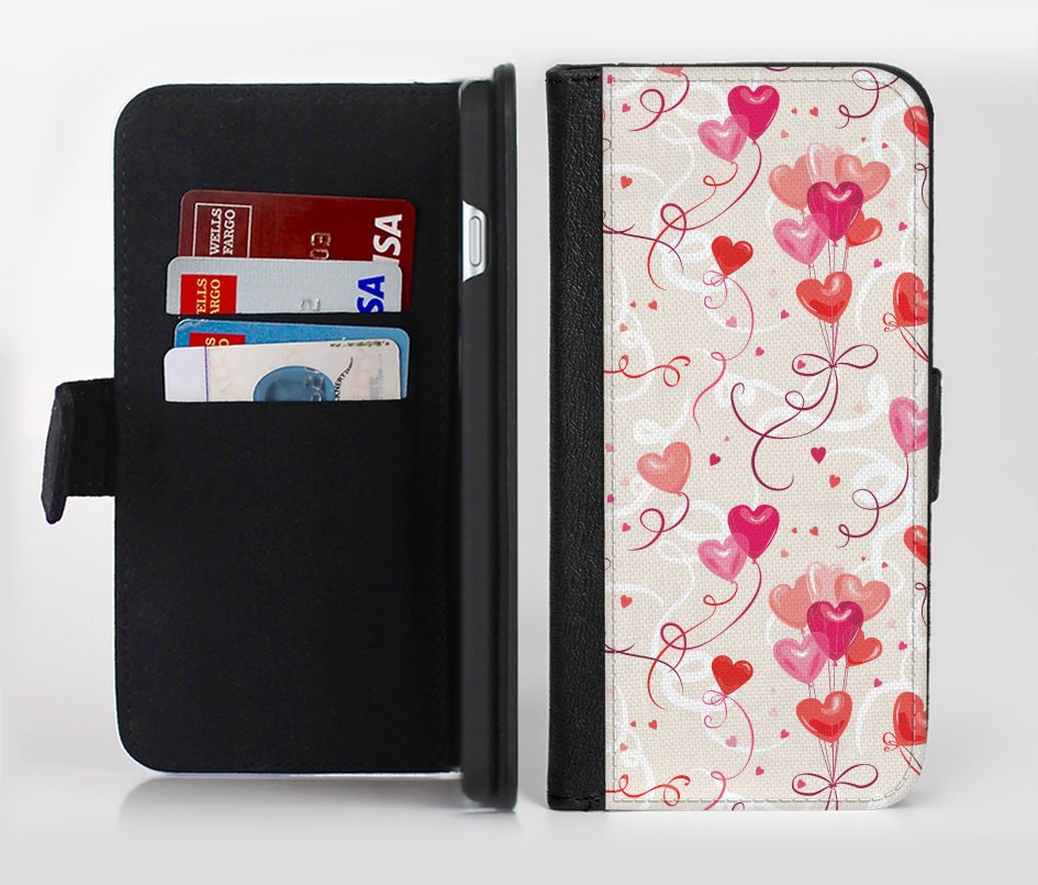 The Pink, Red and Tan Heart Balloon Pattern Ink-Fuzed Leather Folding Wallet Credit-Card Case for th