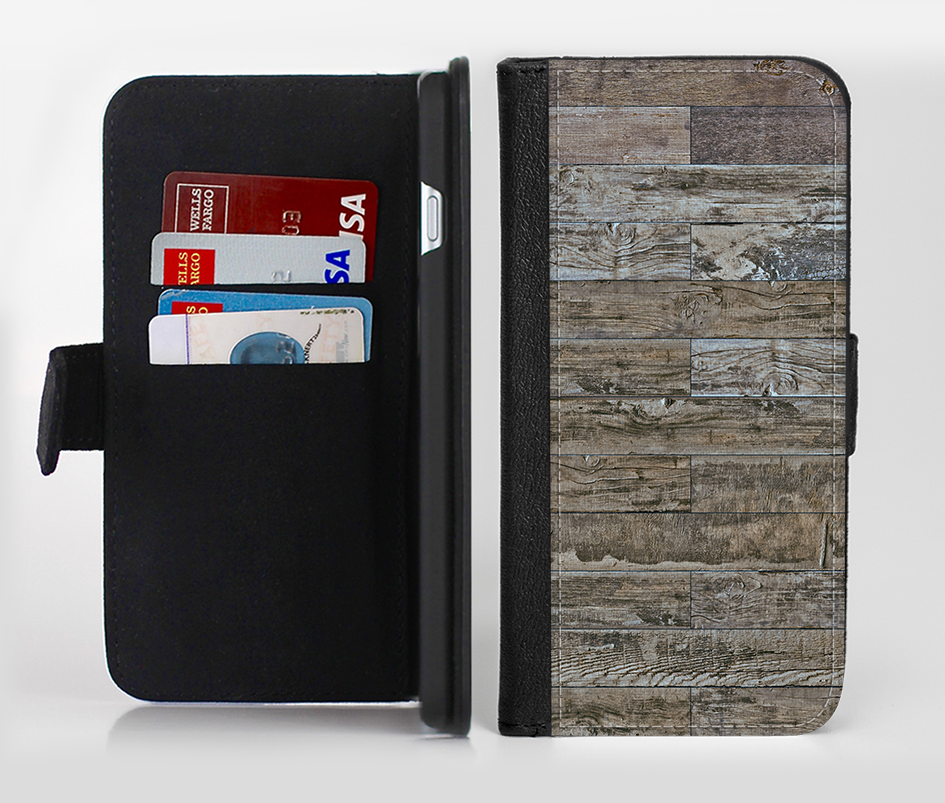 The Straight Aged Wood Planks Ink-Fuzed Leather Folding Wallet Credit-Card Case for the Apple iPhone