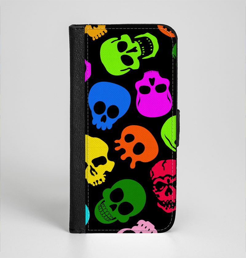The Vivid Vector Neon Skulls Ink-Fuzed Leather Folding Wallet Ca