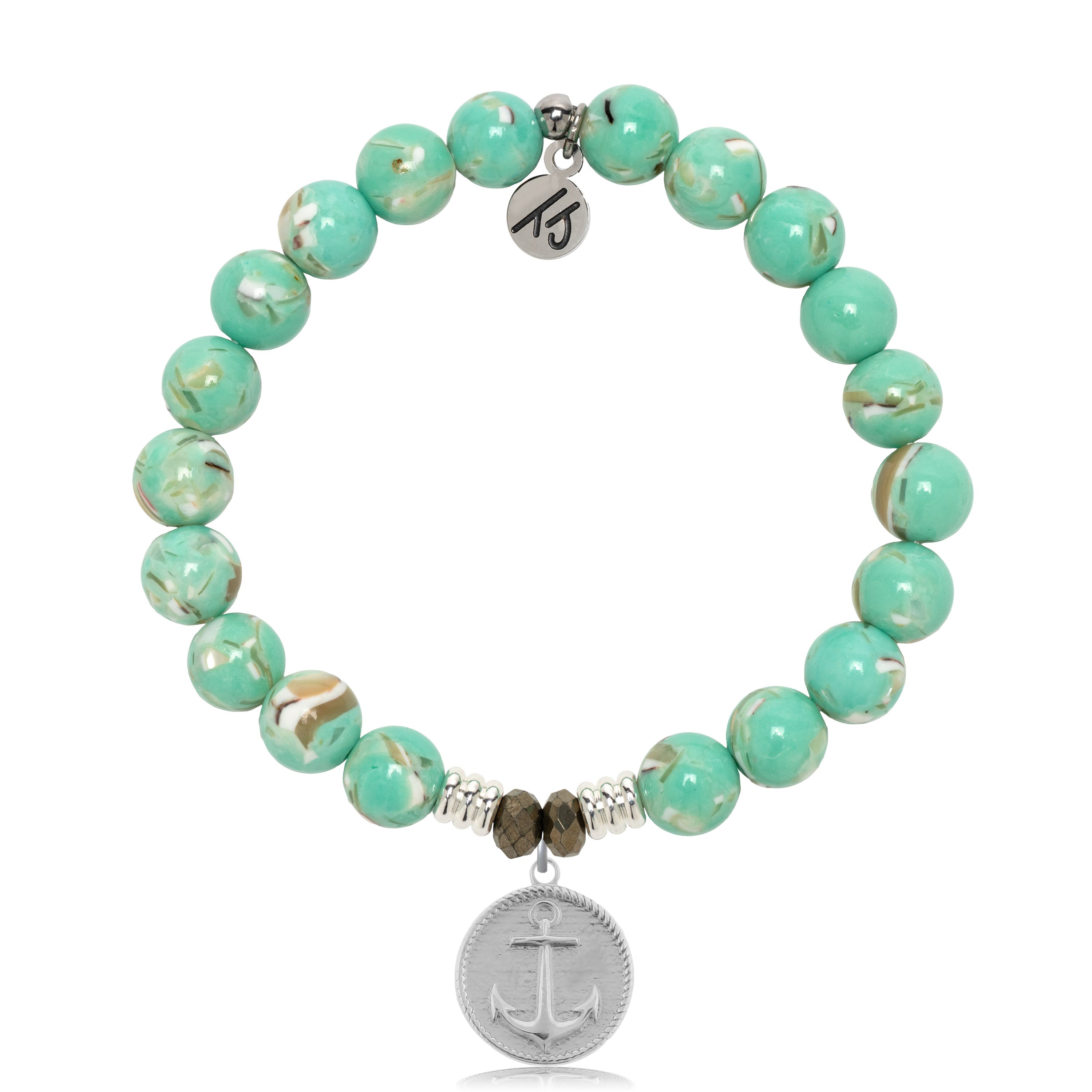 Green Shell Gemstone Bracelet with Anchor Sterling Silver Charm