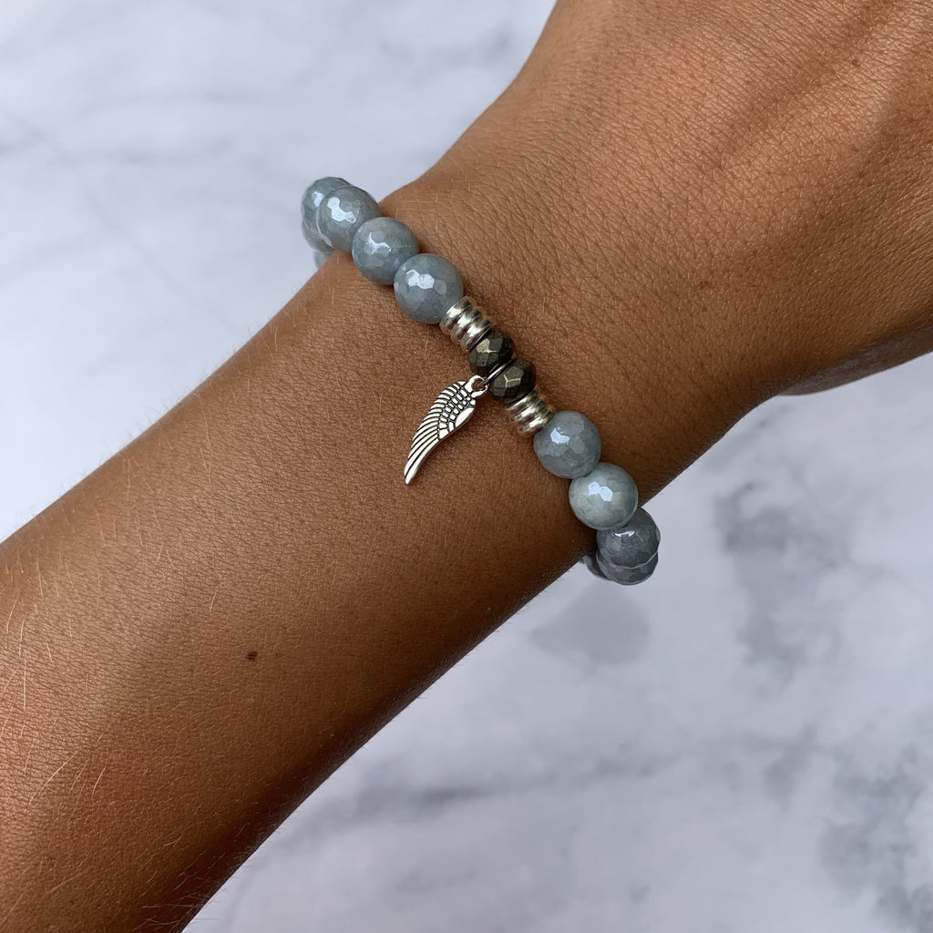 Blue Quartzite Stone Bracelet with Angel Wing Sterling Silver Charm