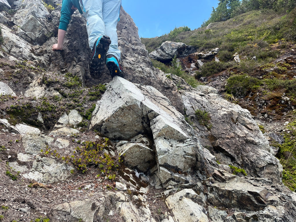 La Sportiva Aequilibrium LT GTX Mountain Boots hiking up rocky terrain on Mount Forgotten, lugs on sole showing
