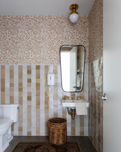 powder room with striped tile