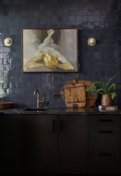 kitchen with black handmade tile backsplash